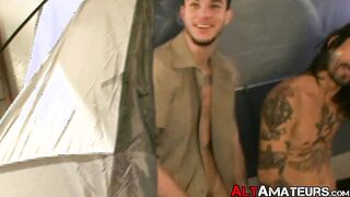 Inked alt studs butt fucking in a camping tent