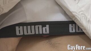 Skinny twink Markus licking his own dick while jerking off