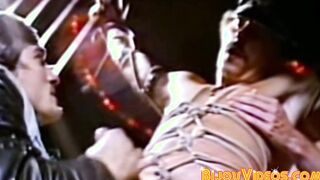 Submissive stud receives blowjob in retro threesome