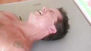Horny mature guy tied up and tickled hard by two friends