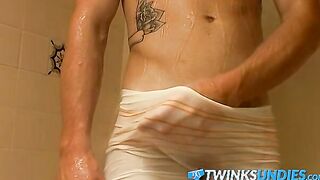 Jock takes a shower and masturbates over his undies solo