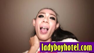 Cute Asian ladyboy sucking white cock