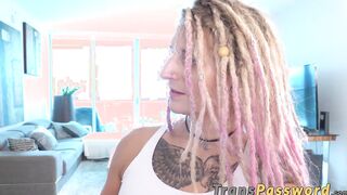 Tattooed tgirl sucks big cock before being rawed doggystyle