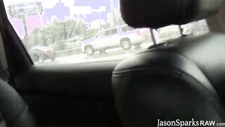 Amateur young gay jerking off his wood hard dick in the car