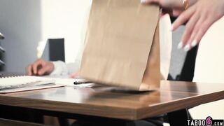 Personal assistant Rebecca Vanguard fucks her boss hubby into the