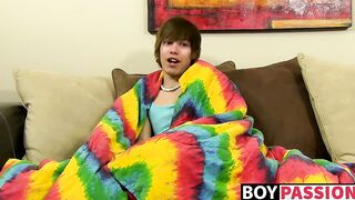Emo twink jacking off his uncut cock and ass dildoing