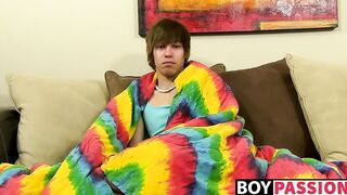 Emo twink jacking off his uncut cock and ass dildoing