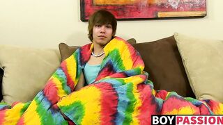 Emo twink jacking off his uncut cock and ass dildoing