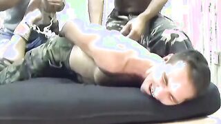 Big dick hunk Joe gets tied up and tickled hard by friend