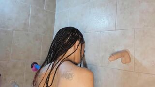 Petite ebony babe Yazmine with tiny tits washes hairy crotch