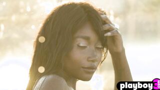 Petite black teen model posed outdoor