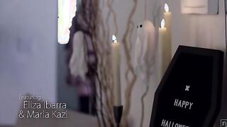 It's Halloween, which means time for costumes and maybe a few tricks and treats. Eliza Ibarra is getting clothed as a slutty vampire victim. Her BF, Robby Echo, is clothed up as her escort. Their friends Maria Kazi and Jay Romero arrive wearing dar