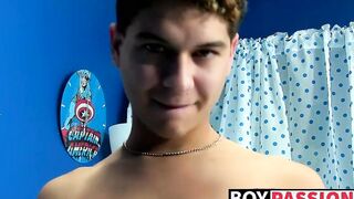 Naughty twink jerks off his hard dick and dildoing his ass