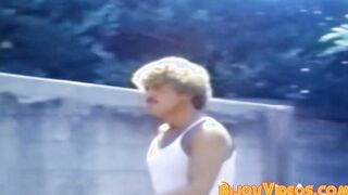 Young men are having classic blowjob competition outside