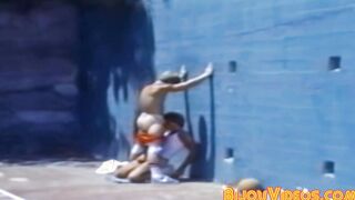 Young men are having classic blowjob competition outside