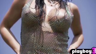 Hot big tits MILF model outdoor posing