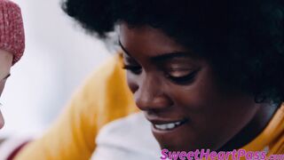 Black muff diver with small tits licked by cute white girl