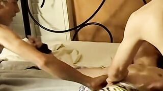 Bound BDSM twinks Evan Heinze and Ian Madrox tickled in bed