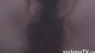 Playful Japanese babe takes it balls deep in her hairy pussy