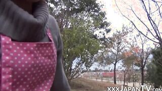 Playful Japanese babe takes it balls deep in her hairy pussy