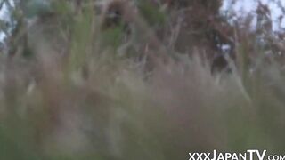 Playful Japanese babe takes it balls deep in her hairy pussy