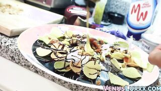 Beautiful Asian ladyboy jerking off to jizz on a food plate