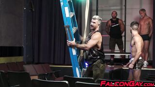Three muscular hunks pounding raw and sucking in club