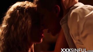 Hot sensual blonde sucking big dick before riding it hard