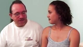 Young busty babe blowing and riding mature big cock for cum