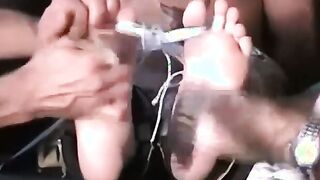 Cute tattooed guy with muscles gets hard tickled by friend