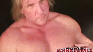 Blond mature stud strokes his dick until a blasting end