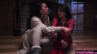 Cozy sex by the fire with hot shemale
