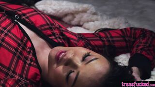 Cozy sex by the fire with hot shemale