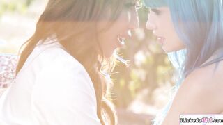 Busty lesbian licking asian bff outdoors
