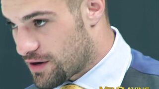 Bearded businessmen drills HR hunk for better evaluation