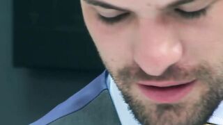 Bearded businessmen drills HR hunk for better evaluation