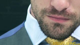 Bearded businessmen drills HR hunk for better evaluation