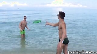 Tattooed muscle twink bareback pounding young gay after BJ