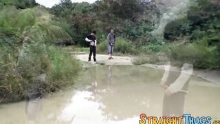 Two straight guys are wanking outdoors and competing for cum
