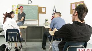 Redhead teen babe gangbanged by friends after class