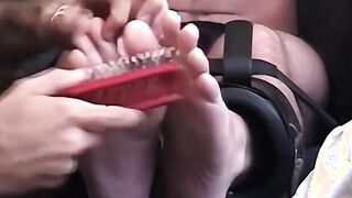 Cute muscular Randy with big dick gets feet tickled hard