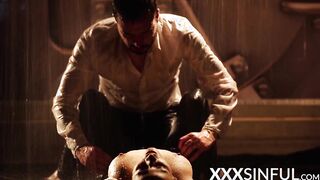 Sinful babe rides and sucks big cock on the rain