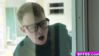 Lucky nerd guy fucks horny hot babes together