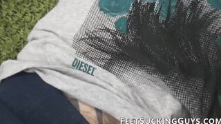 Inked gay licks his shoes and sucks his cock before fucking