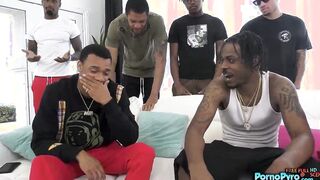Brunette In Sexy Lingerie Liz Jordan Sucks Off A Group Of Big Black Cocks