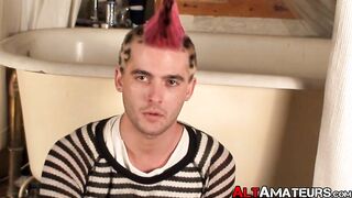 Punk with Cherokee hair pulling on his hard cock