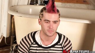 Punk with Cherokee hair pulling on his hard cock