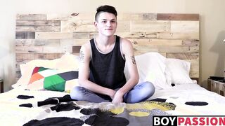 Sexy twink Avery Jones interviewed then he jerks his cock