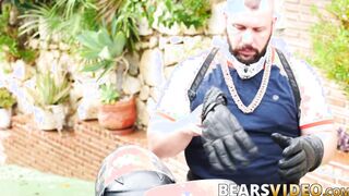 Beefy daddy biker exchange blowjobs with tattooed mature gay