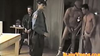 Vintage policeman catches group of guys orgy banging
